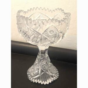 Antique Cut Glass Pedestal Compote Brilliant Style Crystal Sawtooth Rim “NUC07”
